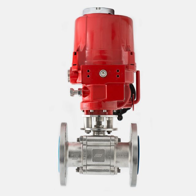 AEW flanged ball valve with red electric actuator, side view