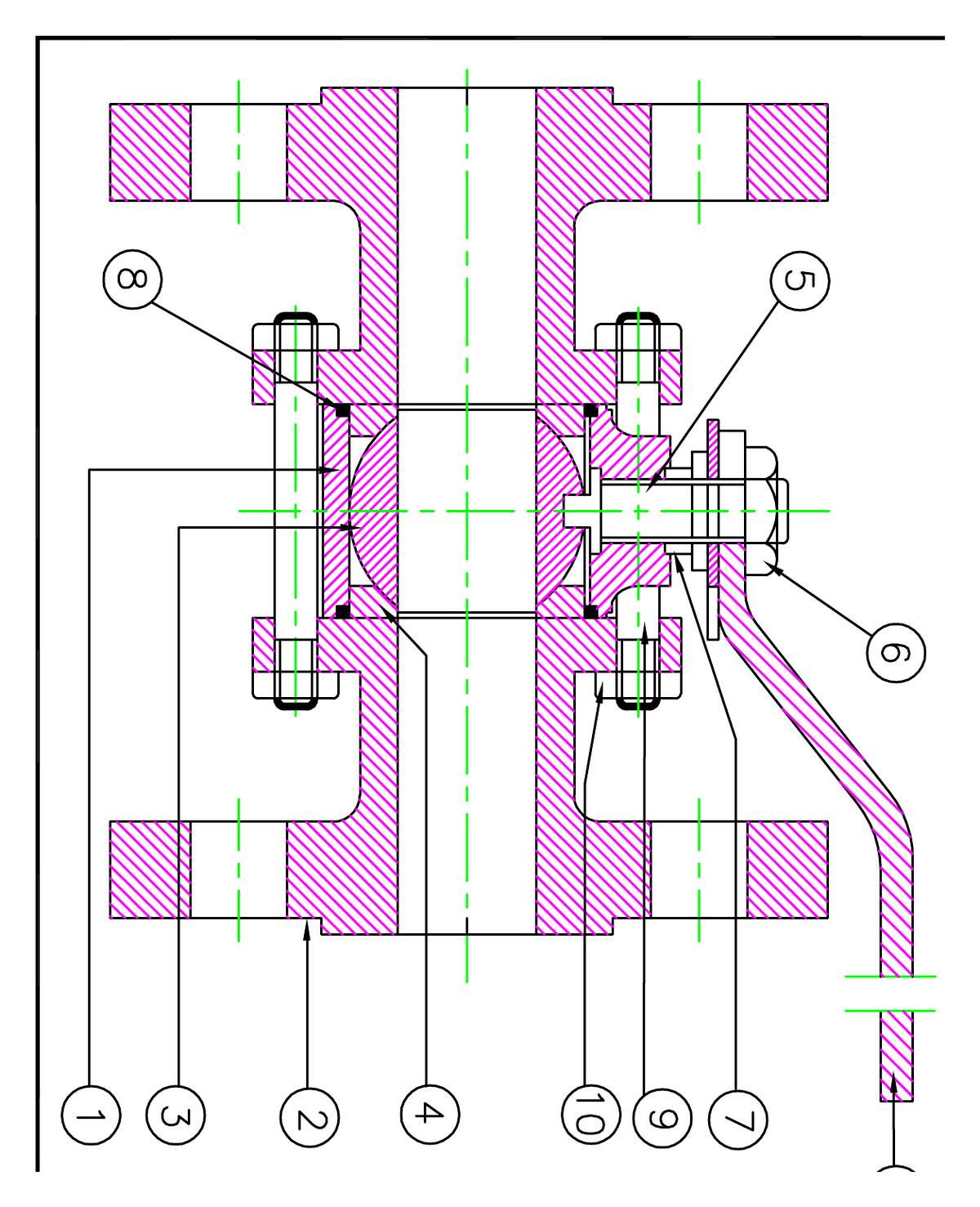 Sectional general-arrangement drawing of an AEW ball valve, with balloon callouts 1 to 11