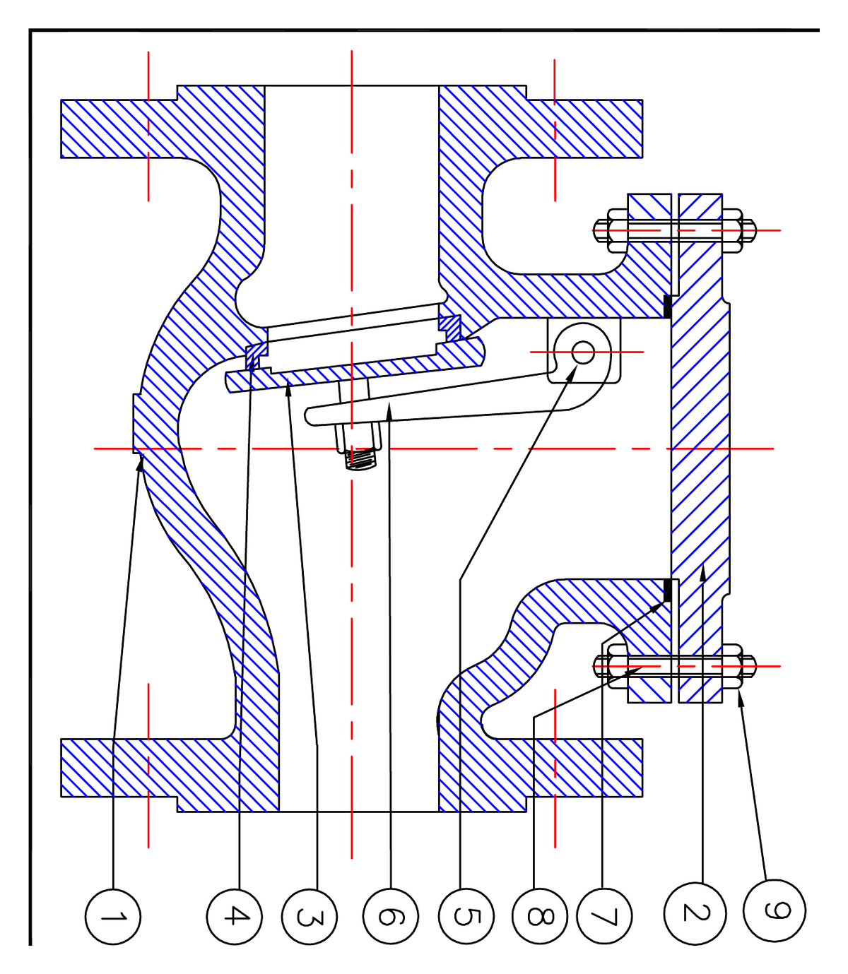 Sectional general-arrangement drawing of an AEW swing check valve, with balloon callouts 1 to 9