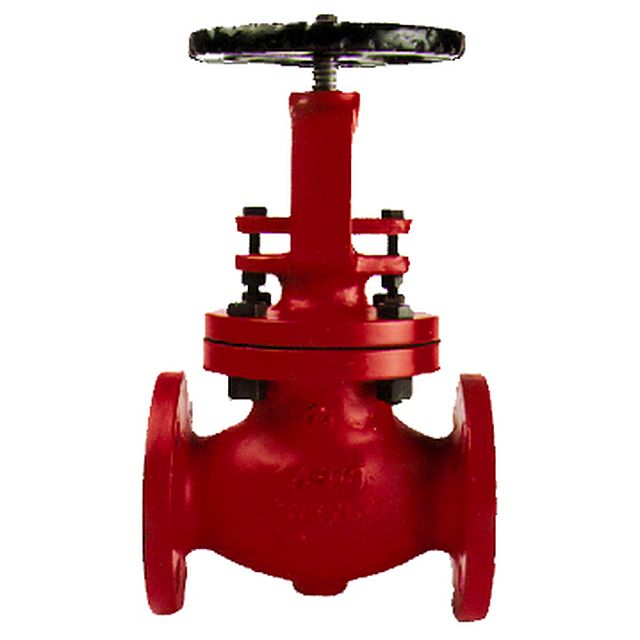 Red cast flanged globe valve, front view